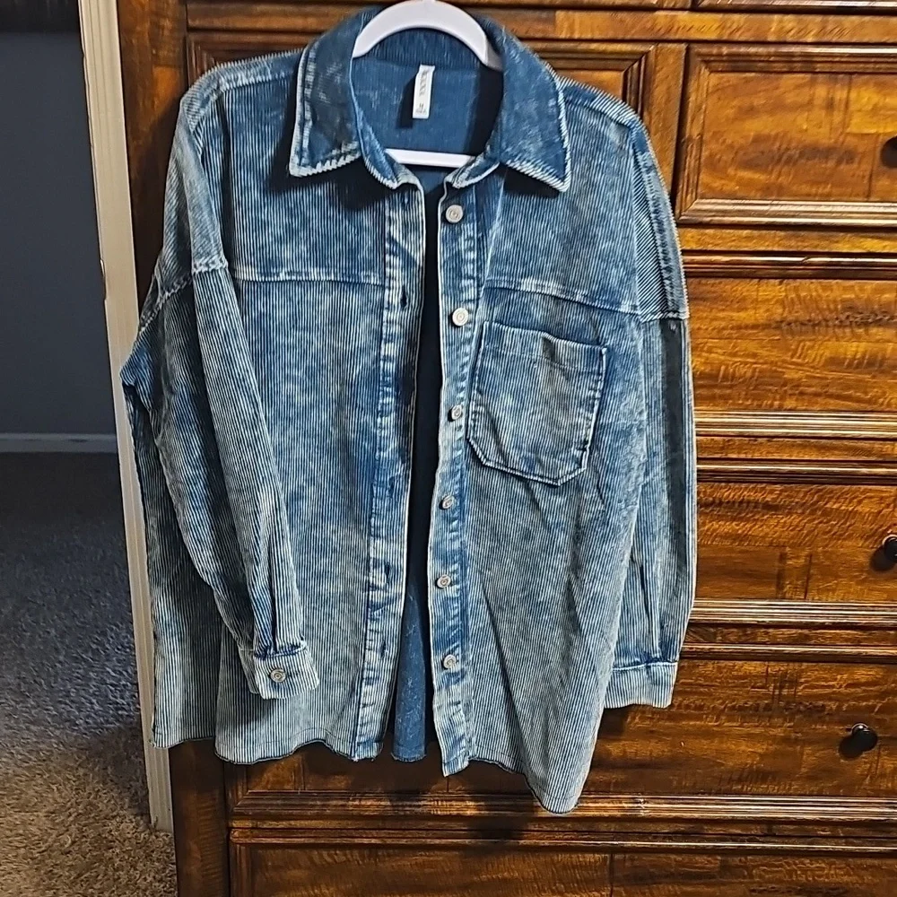 ZENANA Nwots womens Sz Medium Teal Blue Mineral Washed Corduroy Shacket!! - Picture 4 of 8